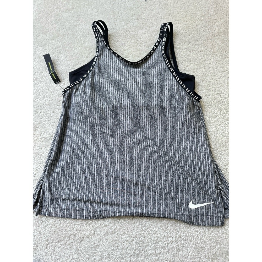 Nike Teen Girl Gray/Black Striped Gym Yoga Fitness Sports Bra Tank Top L New